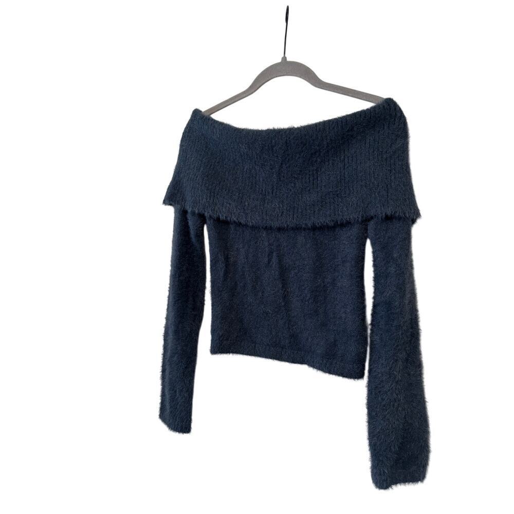 The Workshop Off Shoulder Eyelash Knit Sweater Women’s Blue Fuzzy Soft Pullover - Picture 5 of 7